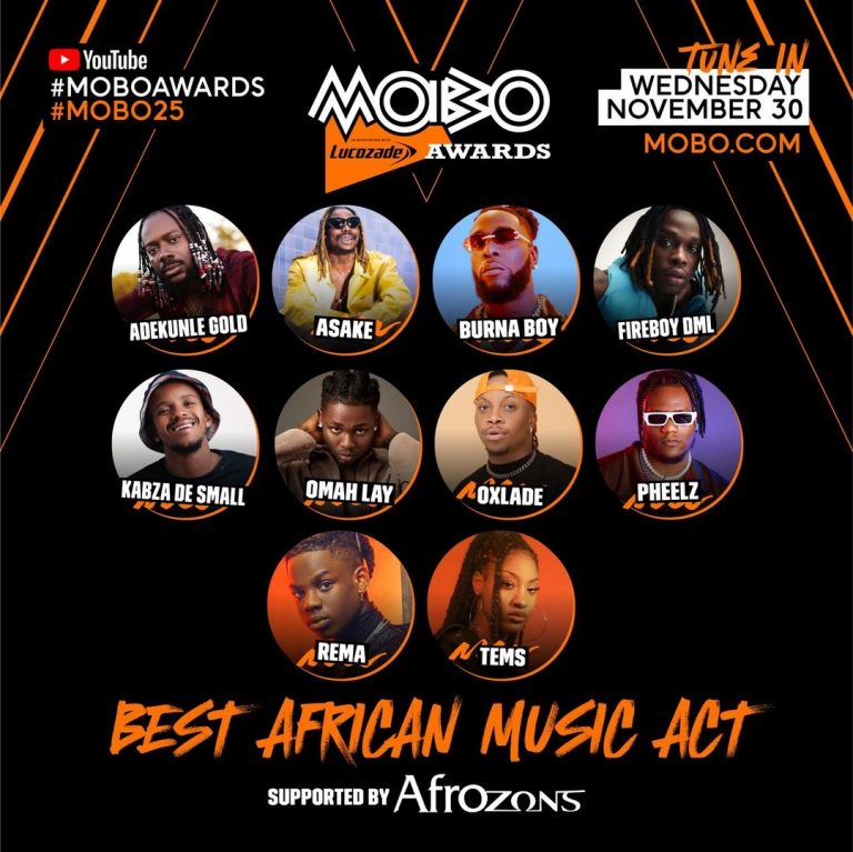 Asake, Tems, Burna Boy, Oxlade and Rema are among the 2022 MOBO Award nominees.