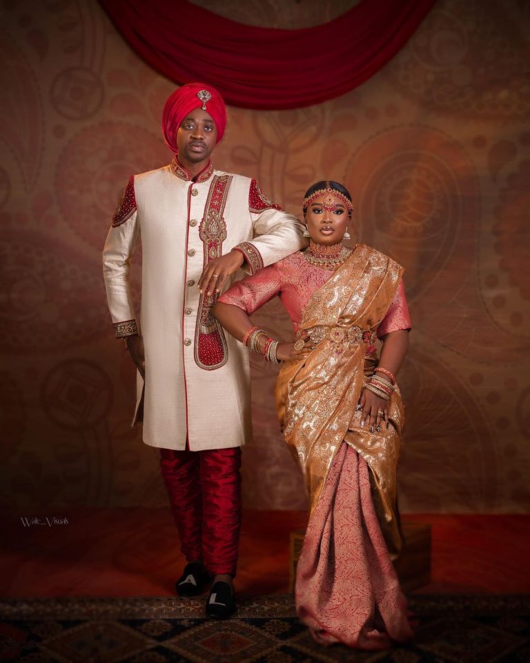 Adedimeji Lateef and Mo Bimpe dressed up as an Indian rock couple.