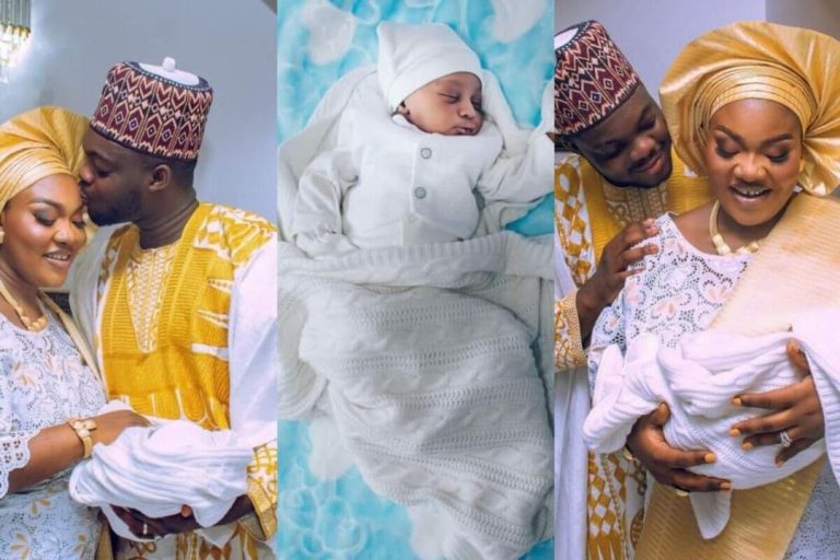 Cute Abiola shares first glimpse of his newborn son, unveils his name